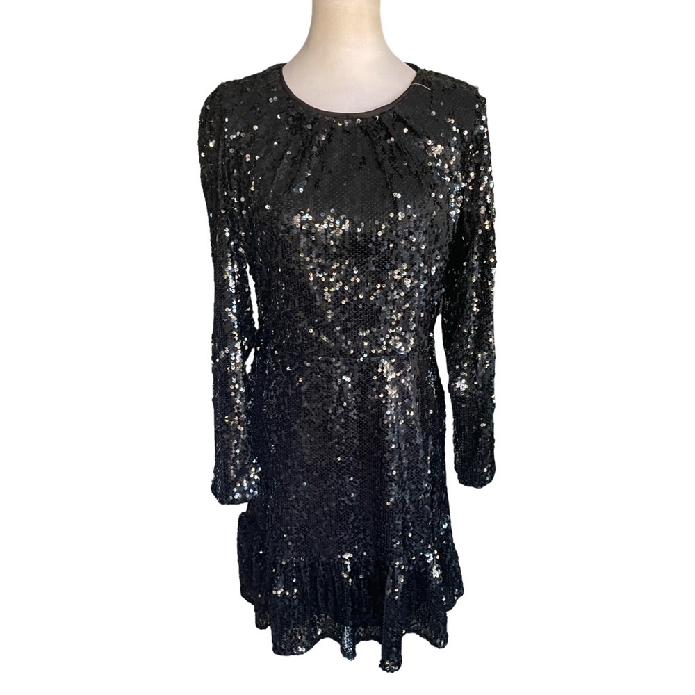 NWT Simply Vera Vera Wang Black Long Sleeve Sequin Ruffle Bottom Dress Small